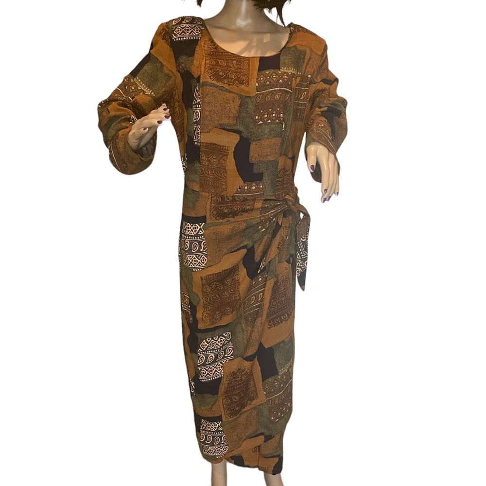 Leslie Lucks Long Vintage Faux Wrap Side Tie Long Sleeved Print Dress Sz 8? VGC